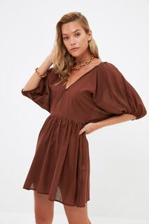 Коричневое пляжное платье из вуали с рукавами-фонариками Trendyol, коричневый