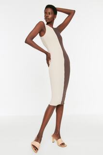 Коричневое облегающее трикотажное платье миди с цветными блоками Trendyol, коричневый