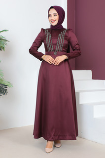Вечернее платье с поясом TSD230636 Сливовый Tesettür Dünyası, фиолетовый
