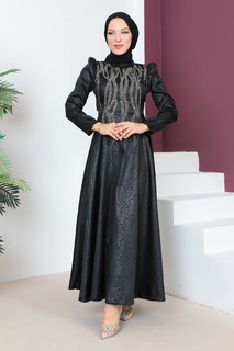 Вечернее платье с пайетками спереди TSD230634 Черное Tesettür Dünyası, черный