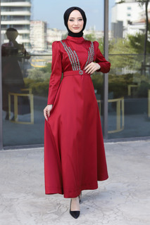 Вечернее платье с поясом Tsd220543 Бордовый Красный Tesettür Dünyası