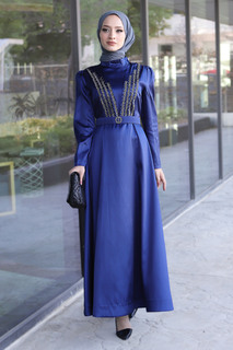 Вечернее платье с поясом Tsd220543 Индиго Tesettür Dünyası, темно-синий