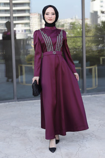 Вечернее платье с поясом Tsd220543 Сливовый Tesettür Dünyası, фиолетовый