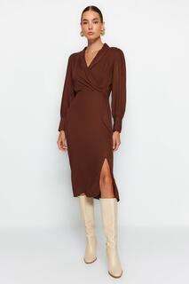 Коричневое тканое платье-миди на подкладке Trendyol, коричневый