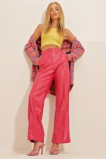 Женские брюки-палаццо из искусственной кожи синего цвета цвета фуксии с двойными передними карманами Trend Alaçatı Stili, розовый