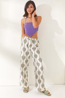 Женские брюки-палаццо цвета хаки с геометрическим рисунком и поясом с узором из льна Olalook