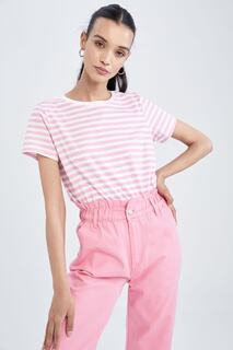 Полосатая футболка стандартного кроя с круглым вырезом и короткими рукавами из 100 % хлопка DeFacto, розовый