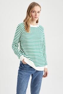 Полосатый свитер с круглым вырезом Relax Fit DeFacto, зеленый