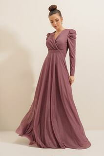 Вырез Воротник Плечи Плиссированная подкладка Длинное платье с блестками Сиреневого цвета By Saygı, фиолетовый