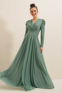 Вырез Воротник Плечи Плиссированное блестящее длинное платье на подкладке Мятного цвета By Saygı, зеленый