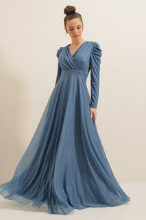 Вырез Воротник Плечи Плиссированное длинное платье с блестками на подкладке Индиго By Saygı, темно-синий