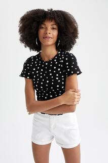 Приталенная футболка с круглым вырезом и короткими рукавами с квадратной фактурой и вафельной текстурой DeFacto, черный