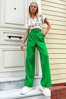 Женские зеленые плиссированные брюки-палаццо с высокой талией и двойными карманами на кнопках Trend Alaçatı Stili, зеленый