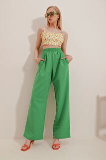 Женские зеленые льняные брюки-палаццо с эластичной резинкой на талии и двойными карманами Trend Alaçatı Stili, зеленый