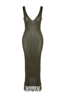 Приталенное пляжное платье макси цвета хаки с кисточками из трикотажа Trendyol