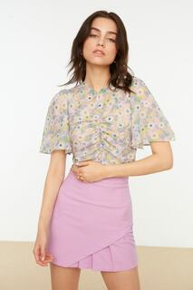 Прозрачная блузка со сборками с сиреневым цветочным узором Trendyol, фиолетовый