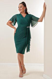 Короткое блестящее платье больших размеров с шифоновыми рукавами и каменной подкладкой сбоку By Saygı, зеленый