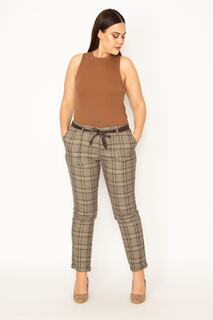 Женские классические брюки коричневого цвета со скрытым поясом в клетку Şans, коричневый