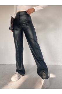 Женские кожаные брюки в рубчик VOLT CLOTHİNG, черный