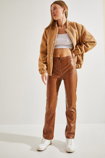 Женские кожаные брюки полурасклешенного кроя Bianco Lucci, коричневый
