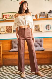 Женские коричневые брюки из атласной ткани с декоративной строчкой Olalook, коричневый