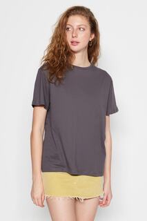 Вязаная футболка-бойфренд из 100% хлопка антрацитового цвета Trendyol, серый