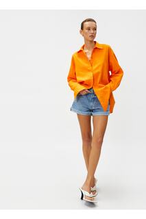 Простая оранжевая женская рубашка со стандартным рубашечным воротником Koton, оранжевый