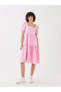 Простое женское платье с квадратным воротником и воздушными рукавами LC Waikiki, розовый