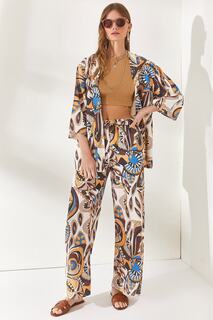 Женские коричневые льняные брюки-палаццо с шалью и поясом с рисунком Olalook, разноцветный