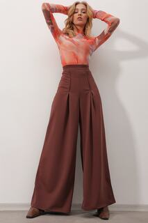 Женские коричневые плиссированные брюки-палаццо с высокой талией и эластичной резинкой на талии ALC-X9811 Trend Alaçatı Stili, коричневый