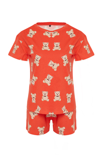Вязаный пижамный комплект из 100% хлопка с принтом плюшевого мишки корицы и футболки Trendyol, коричневый
