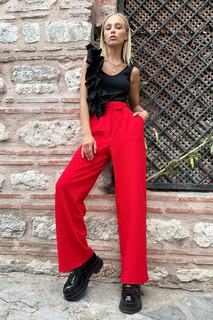 Женские красные плиссированные брюки-палаццо с высокой талией и двойными карманами на кнопках Trend Alaçatı Stili, красный