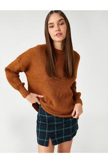 Вязаный свитер с круглым вырезом и длинным рукавом Koton, коричневый
