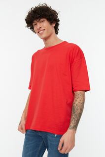 Красная мужская базовая футболка оверсайз с коротким рукавом из 100% хлопка с круглым вырезом Trendyol, красный