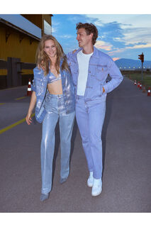 Прямые джинсы с блестящей высокой талией цвета металлик, стандартного кроя — Eve Jean Koton, синий