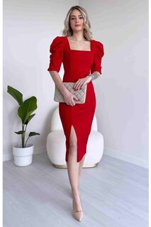 Красное вечернее платье длины миди с квадратным вырезом и короткими рукавами из гибкой ткани и выпускное платье lovebox, красный