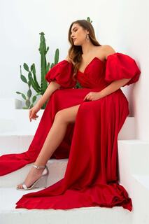 Красное атласное длинное вечернее платье с рукавами-фонариками и разрезом Carmen, красный