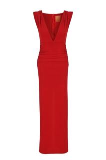 Красное вечернее платье с глубоким V-образным вырезом, драпировкой на талии и разрезом сзади Whenever Company, красный