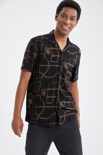 Гавайская рубашка из вискозы обычного кроя с принтом и короткими рукавами DeFacto, черный