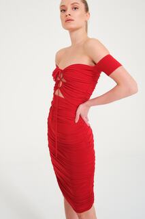 Красное вечернее платье миди с драпированными рукавами спереди или через бретельку Whenever Company, красный
