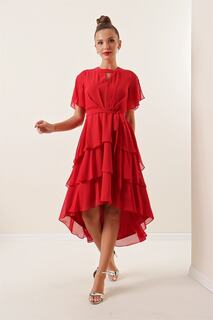 Красное многослойное шифоновое платье с заниженным вырезом на подкладке и поясом на талии By Saygı, красный