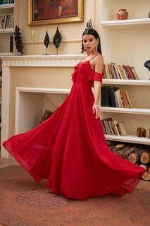 Красное длинное вечернее платье из шифона с воланами на груди Carmen, красный