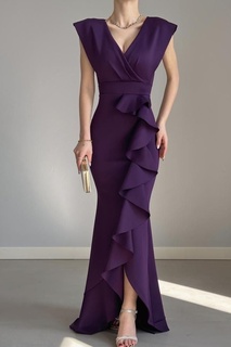 Гибкая ткань для дайвинга, двубортное платье с воланами и детальным вырезом, фиолетовое вечернее платье макси-длины 582443 lovebox, фиолетовый