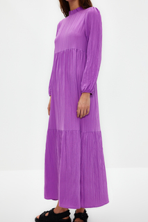 Пурпурное широкое тканое платье с высоким воротником и жатым воротником Trendyol Modest, фиолетовый