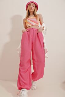 Женские льняные брюки цвета фуксии с двойными карманами Trend Alaçatı Stili, розовый