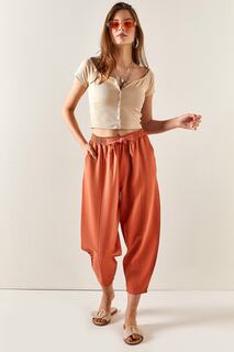 Женские льняные брюки-шалвар с декоративной строчкой и карманами Olalook, оранжевый