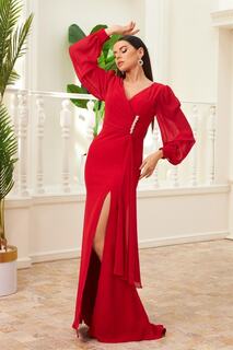 Красное шифоновое длинное вечернее платье с пряжкой Carmen, красный