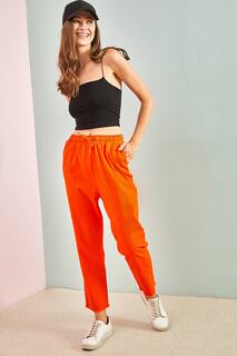 Женские льняные брюки с эластичной талией и рисунком 10951014 Bianco Lucci, оранжевый
