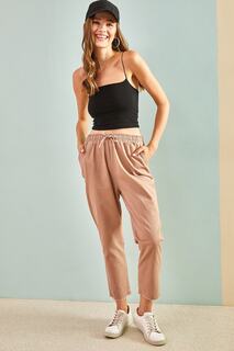 Женские льняные брюки с эластичной талией и рисунком 10951014 Bianco Lucci, коричневый