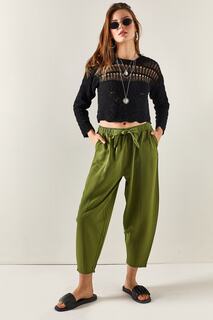 Женские льняные брюки цвета хаки с карманами и детальной строчкой Olalook